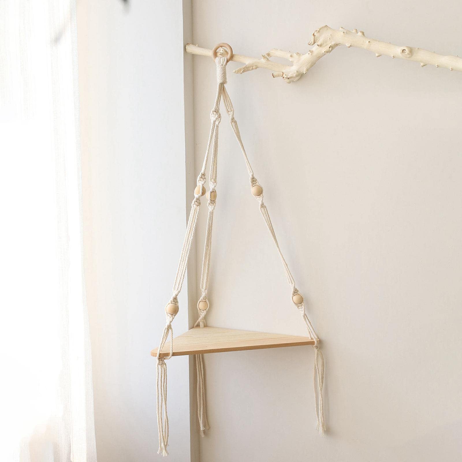 Generic Macrame Hanging Shelf Shelf Rustic White Handmade Corner Rope Shelf for, 32.5cmx23.5cmx75cm, Beige