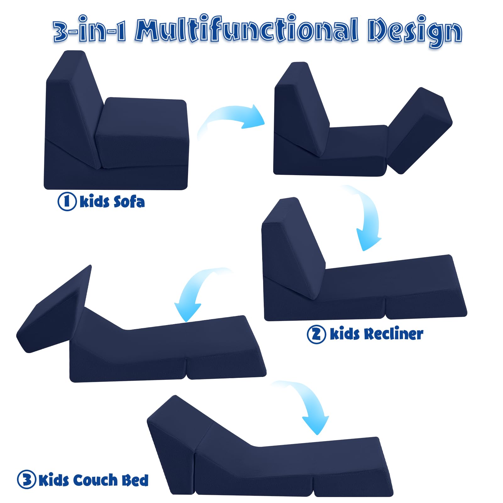 MeMoreCool Toddler Couch Fold Out Sofa Bed, Kids Lounge Chair Foldable Floor Lounger, 3-in-1 Folding Children Chair Bed, Pull Out Recliner for Toddlers 1-3, Navy