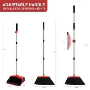 Broom and Dustpan Set,55-in Long Adjustable Handle Broom with Dustpan Combo for Sweeping Home Office Kitchen Lobby Floor Pet Hair Indoor&Outdoor Cleaning (Black and Red)