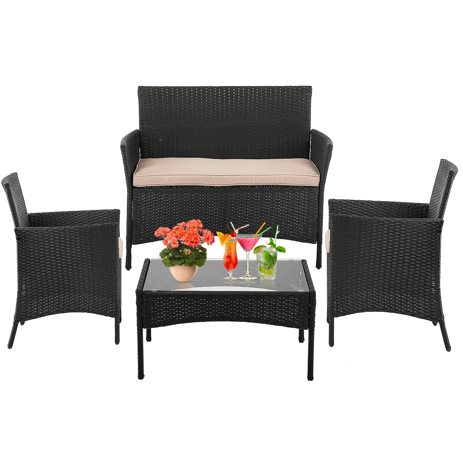 Dopinmin 4 Piece Patio Furniture Set, Outdoor Furniture Set Patio Wicker Conversation Set Bistro Sets Sectional Sofa Set for Lawn Backyard Pool Garden,Black Rattan & Khaki Cushion