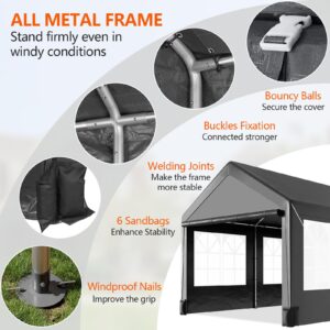 10 * 20 Heavy Duty Carport Canopy, PioneerWorks Portable Car Tent Garage with 6 Roll-up Windows and All-Season Tarp Cover, Metal Roof & 4 Sandbags for Car, SUV, Truck & Boat, Grey