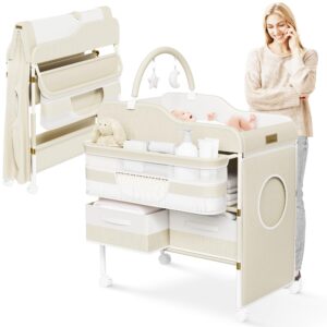 Portable Baby Changing Table with Wheels - Modern Dresser Changing Tables w/Hanging Toys, Laundry Bag, Changing Table Organizer Boxes - Folding Waterproof Baby Diaper Changing Station for Nursery