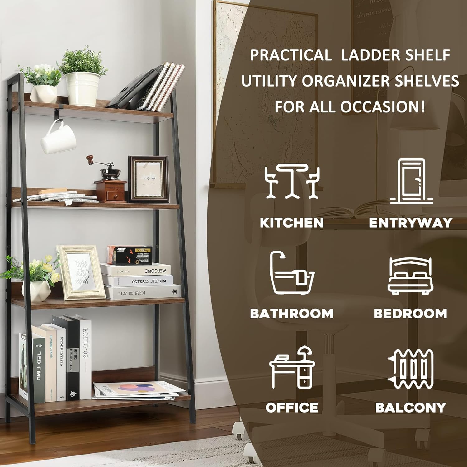 Bookshelf 4-Tier, 23.5inch Ladder Shelf, Industrial Bookcases, Etagere Utility Organizer Shelves, Small Freestanding Display Shelves with Metal Frame for Bedroom, Living Room, Plant, Brown