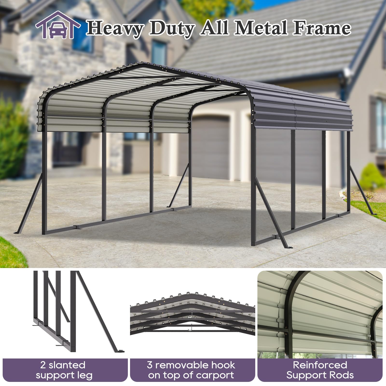 GS CHIER 10x15FT Metal Carport, Heavy Duty Carport with Galvanized Steel Roof and Enhanced Base, Upgraded Large Outdoor Carport Canopy, Metal Carport Garage for Cars, Boats, Trucks, Gray(10x15FT)