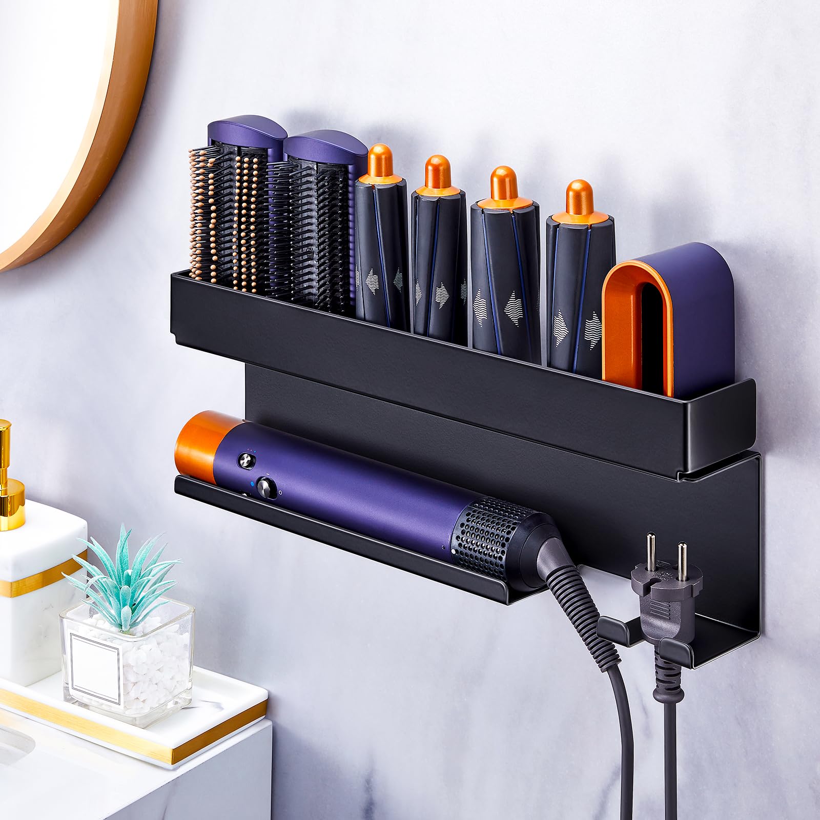 WAYASI Blow Dryer Holder Wall Mounted Hair Straightener Holder, Blow Dryer and Curling Iron Holder for 7 in 1 Styler Attachments, Black Hair Dryer Holder, Bathroom Hair Tools Organizer and storage