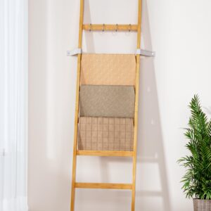 Cozivolife Blanket Ladder 6-Tier,Bamboo Towel Rack with 2 Anti-Tip Straps and 4 Hooks,Ladder Shelf Easy Assembly,Wall-Leaning Blanket Rack,Rustic Decorative Farmhouse Storage (Natural)