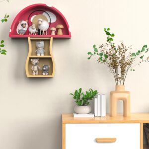 Ybenlld Floating Wooden Mushroom Shelf, Bathroom Shelves,Mushroom Decor,Wall Shelves for Nursery Living Room,Bedroom,Bathroom(Red+Wood)