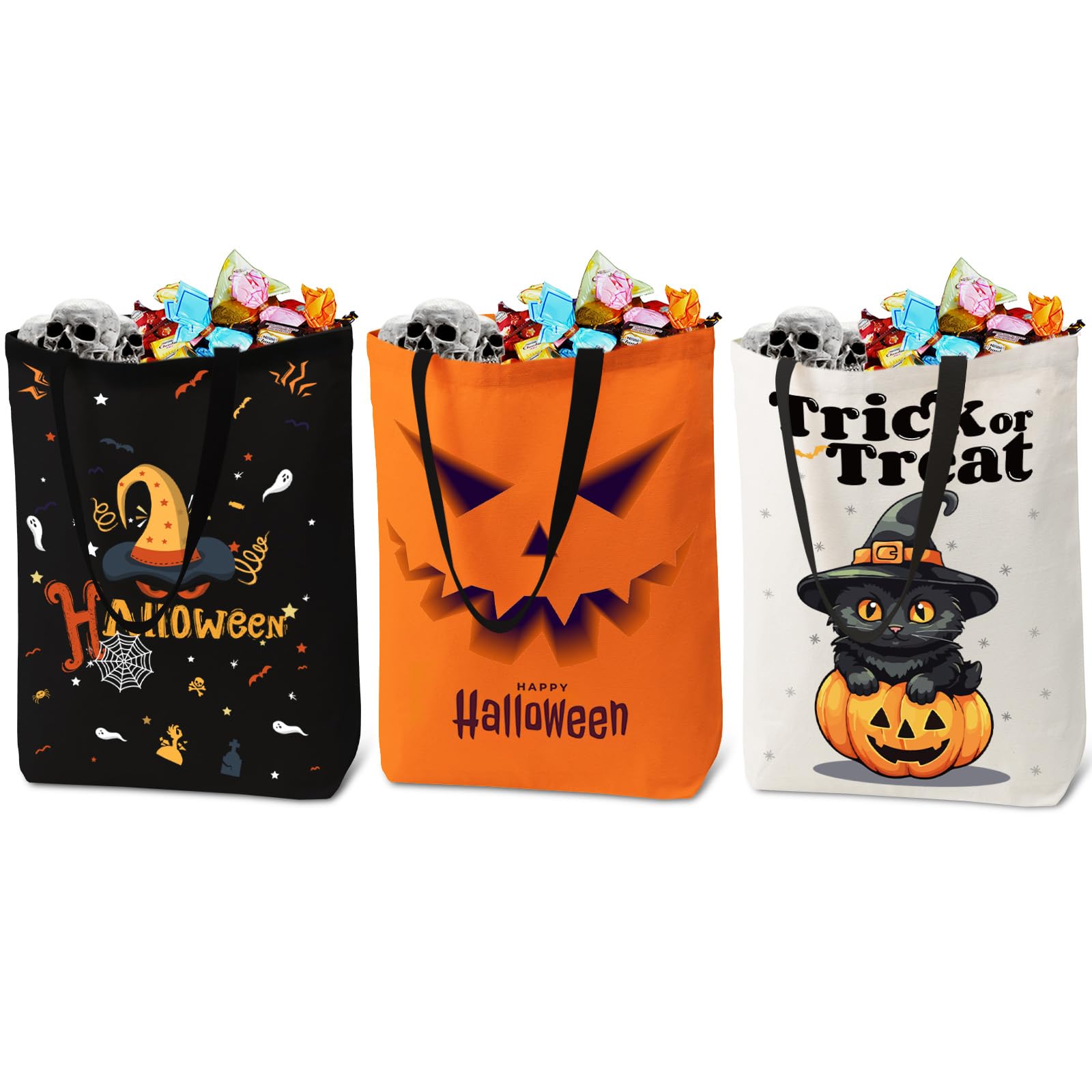 TYL&TYS Halloween Treat Bags, 3Pcs Trick or Treating Bags, Halloween Candy Canvas Tote Gift Bags (Trick or Treat, Cat, Pumpkin), Reusable Halloween Grocery Boo Basket Bag for Kids