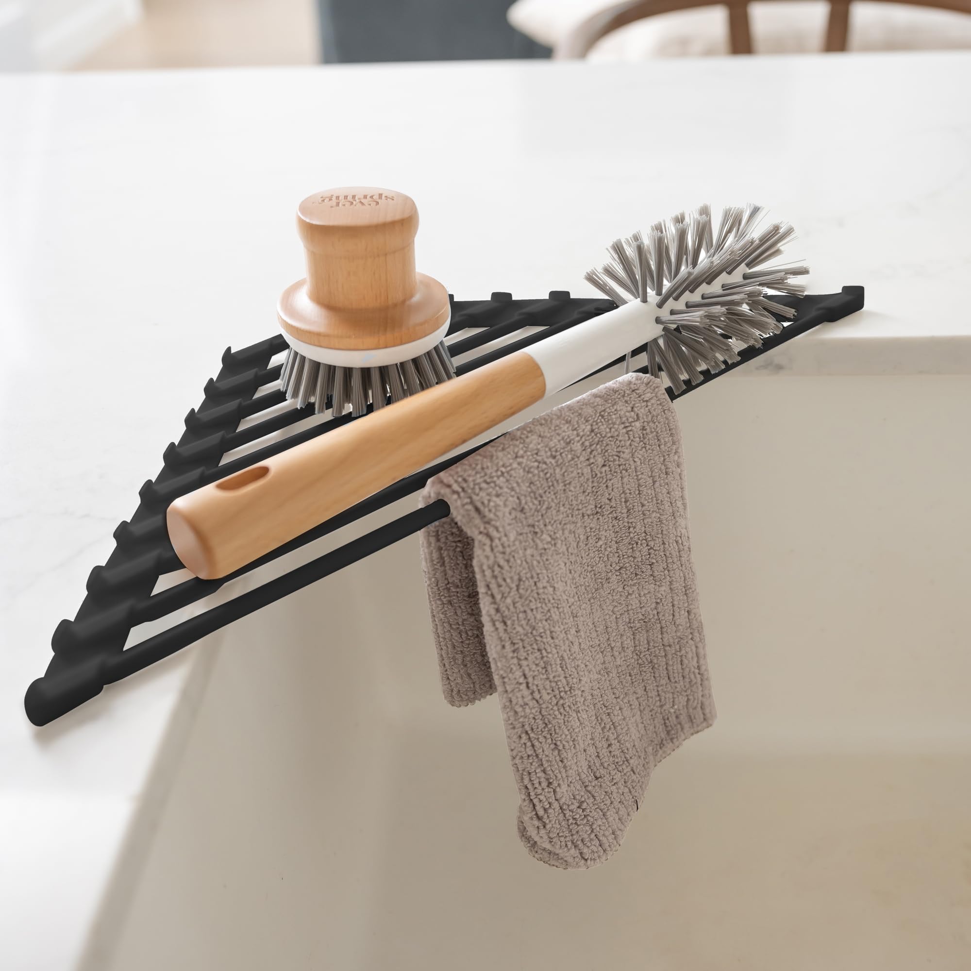 Triangle Roll Up Dish Drying Rack for Over the Sink - Sink Roll Up Drying Rack - Kitchen Sink Accessory - Over Sink Organizer Rack with Silicone Coated Stainless Steel Rods - Corner Sink Caddy - Black