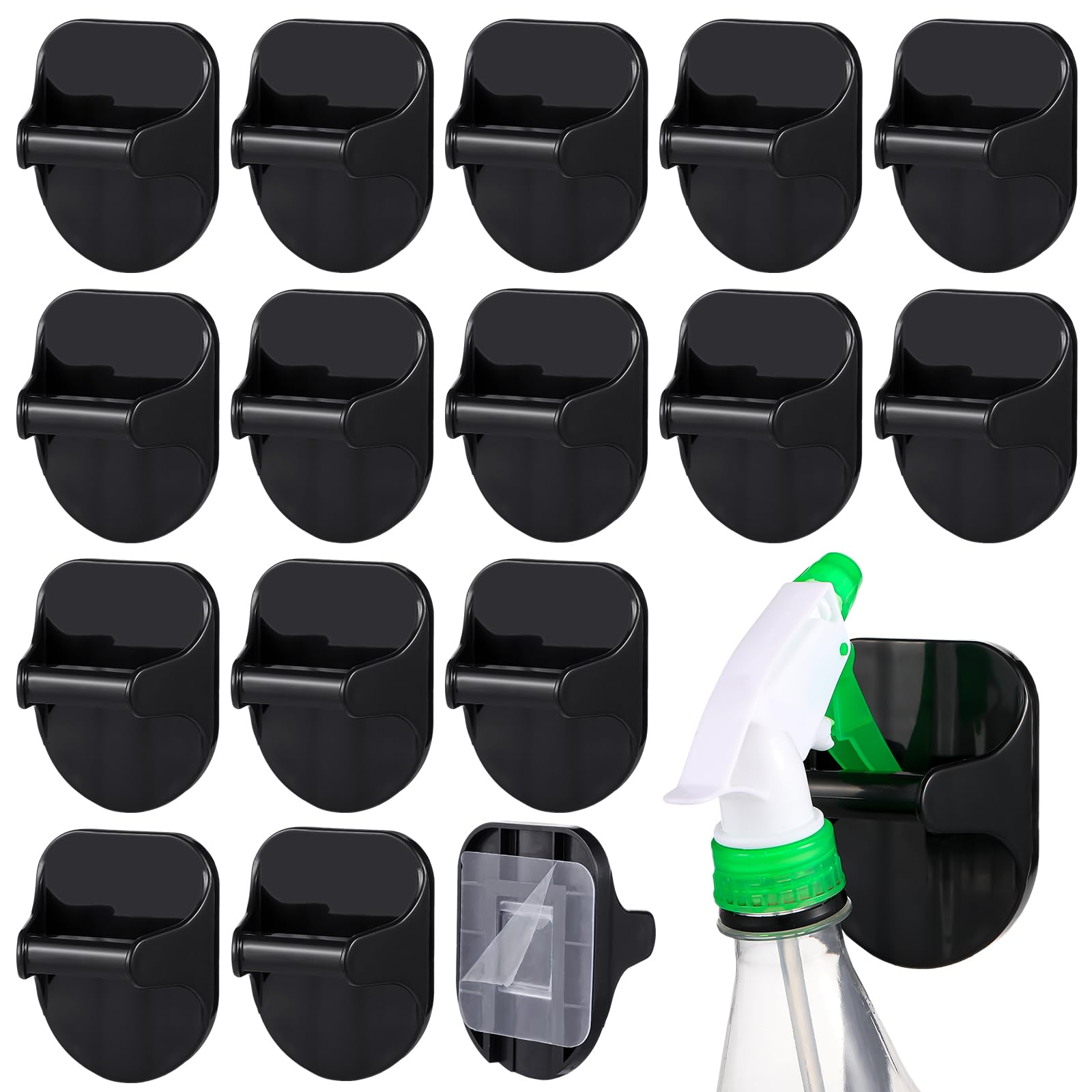 Gerrii 16 Pcs Spray Bottle Holder Wall Mount Spray Bottle Hanger Adhesive Bottle Hooks for Cabinet Plastic Spray Bottle Rack Organizer to Create Storage Space for Kitchen Bathroom Sink Cleaner (Black)