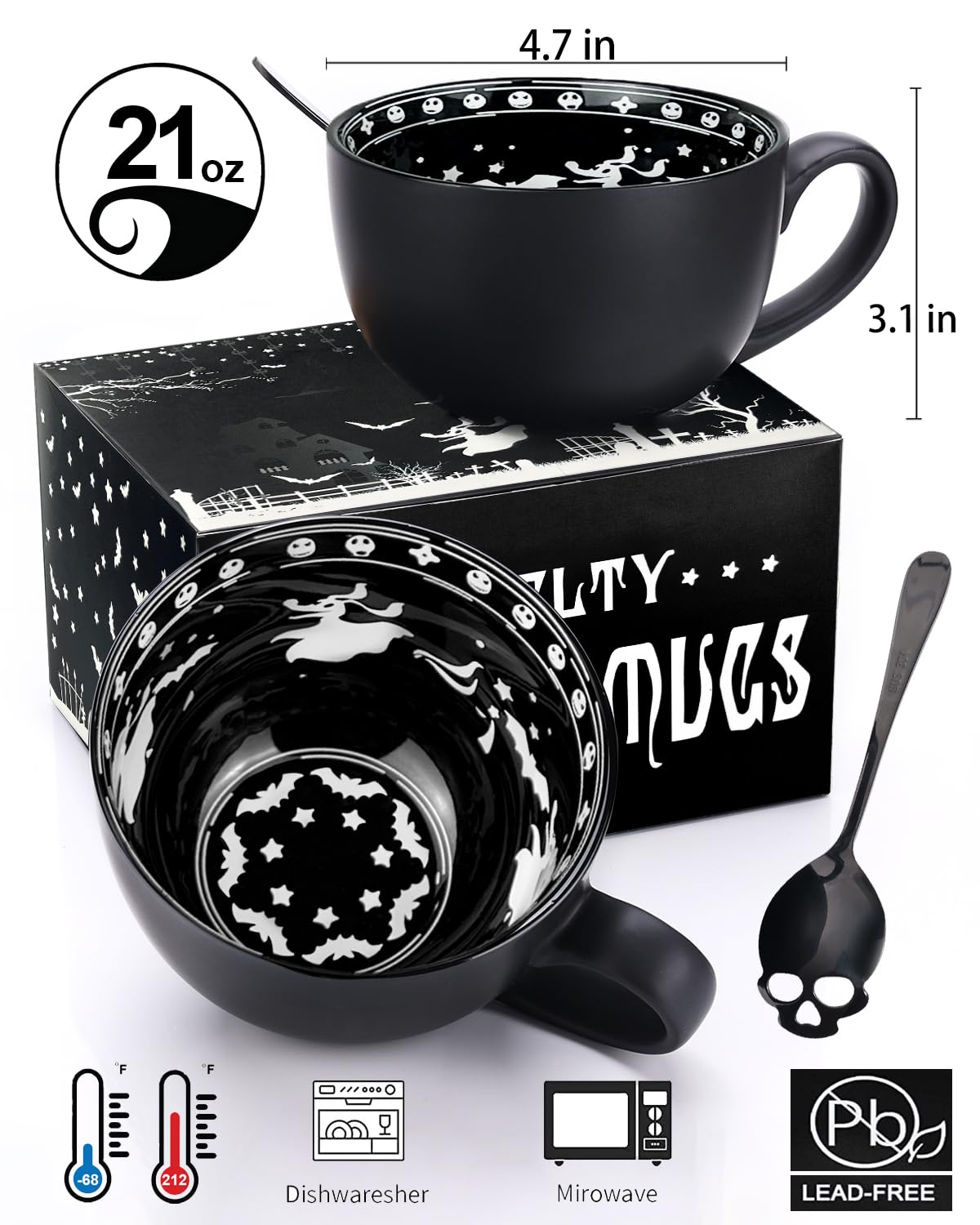 Christmas Gifts, Nightmare Midnight Skull Coffee Mugs with Spoons, Halloween Birthday White Elephant Weird Gifts for Women Men Girl Friends, Halloween Spooky Witchy Gothis Decor Horror Novelty Tea Cup