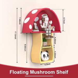 Ybenlld Floating Wooden Mushroom Shelf, Bathroom Shelves,Mushroom Decor,Wall Shelves for Nursery Living Room,Bedroom,Bathroom(Red+Wood)