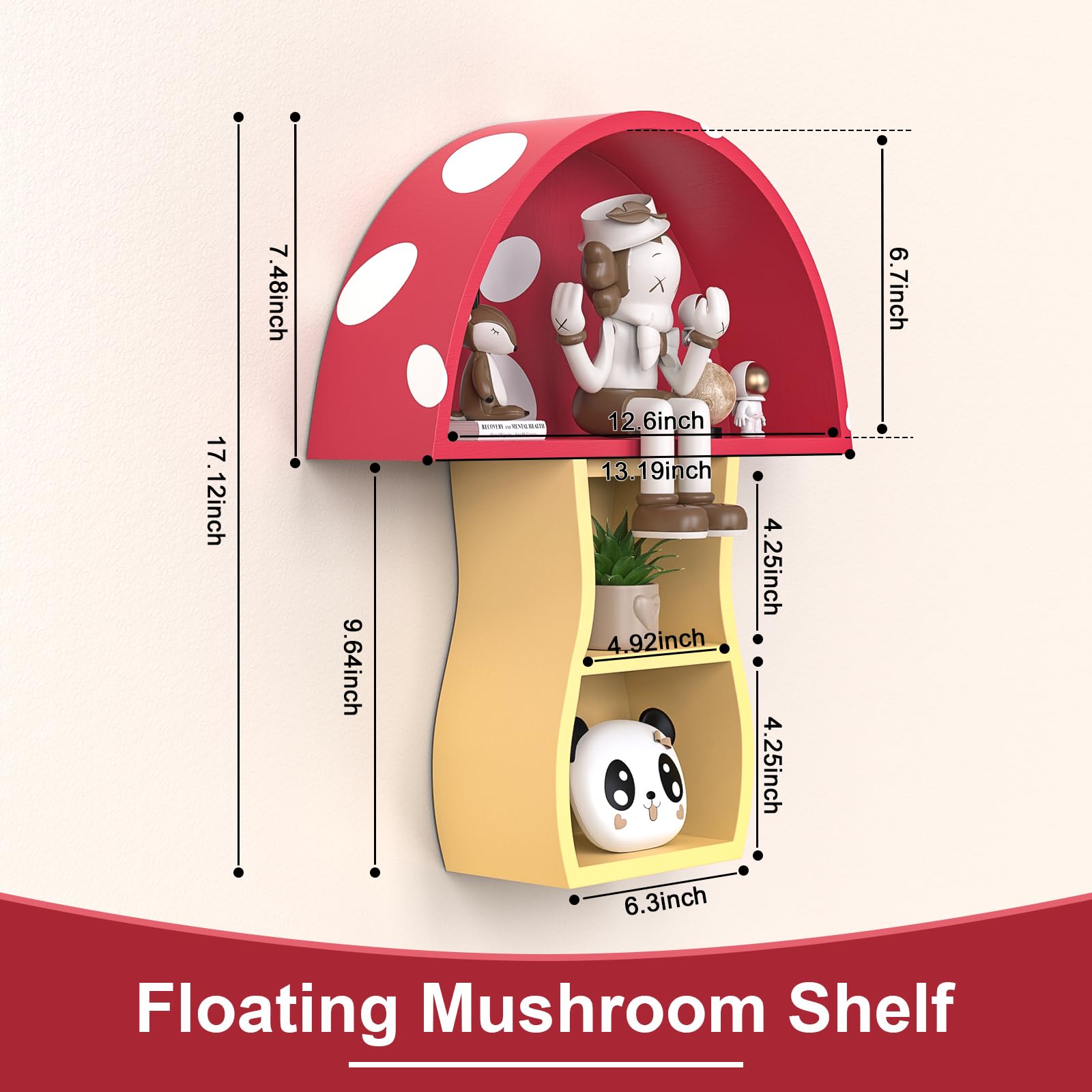 Ybenlld Floating Wooden Mushroom Shelf, Bathroom Shelves,Mushroom Decor,Wall Shelves for Nursery Living Room,Bedroom,Bathroom(Red+Wood)