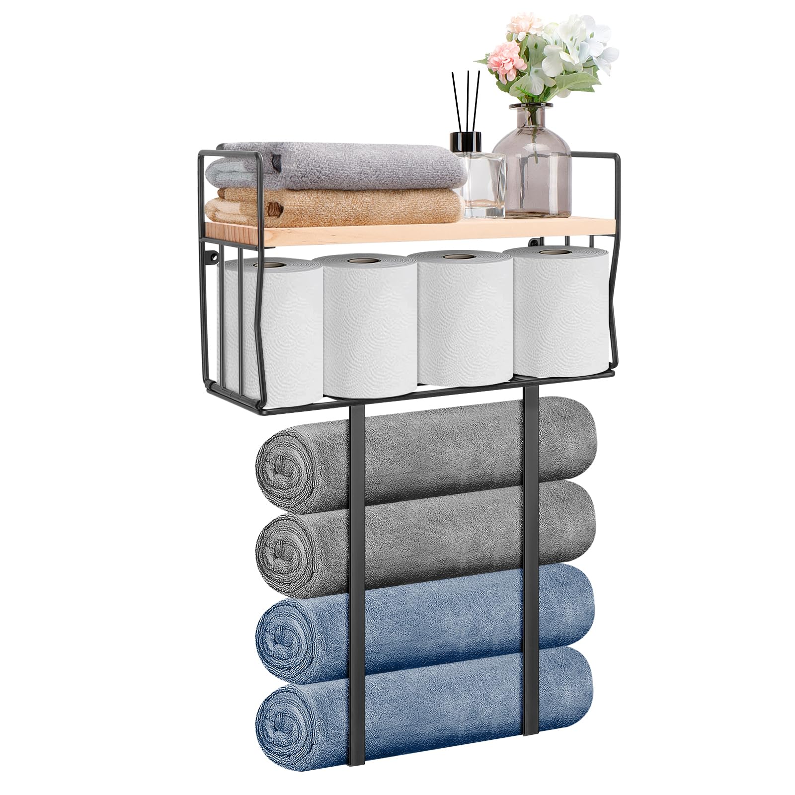 Livabber Towel Racks for Bathroom, Metal Towel Storage Holder for Roll Towels, Wall Mounted Towel Organizer with Storage Basket and Wooden Shelf for Small Bathroom (Black)