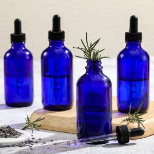 4 Pack 4oz Glass Dropper Bottles with Measured Dropper - 120ml Dark Blue Tincture Bottles with Graduated Calibrated Glass Eye Droppers (1ml) for Essential Oils, Liquids - Leakproof Travel Bottles