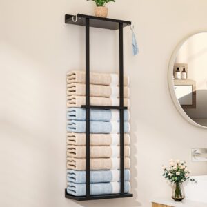 cozivolife bamboo towel rack for bathroom with 2 hooks, 32.7 inch with shelf wall mounted towel storage organizer, large capacity towel holder for bathe towels and hand towels (black)