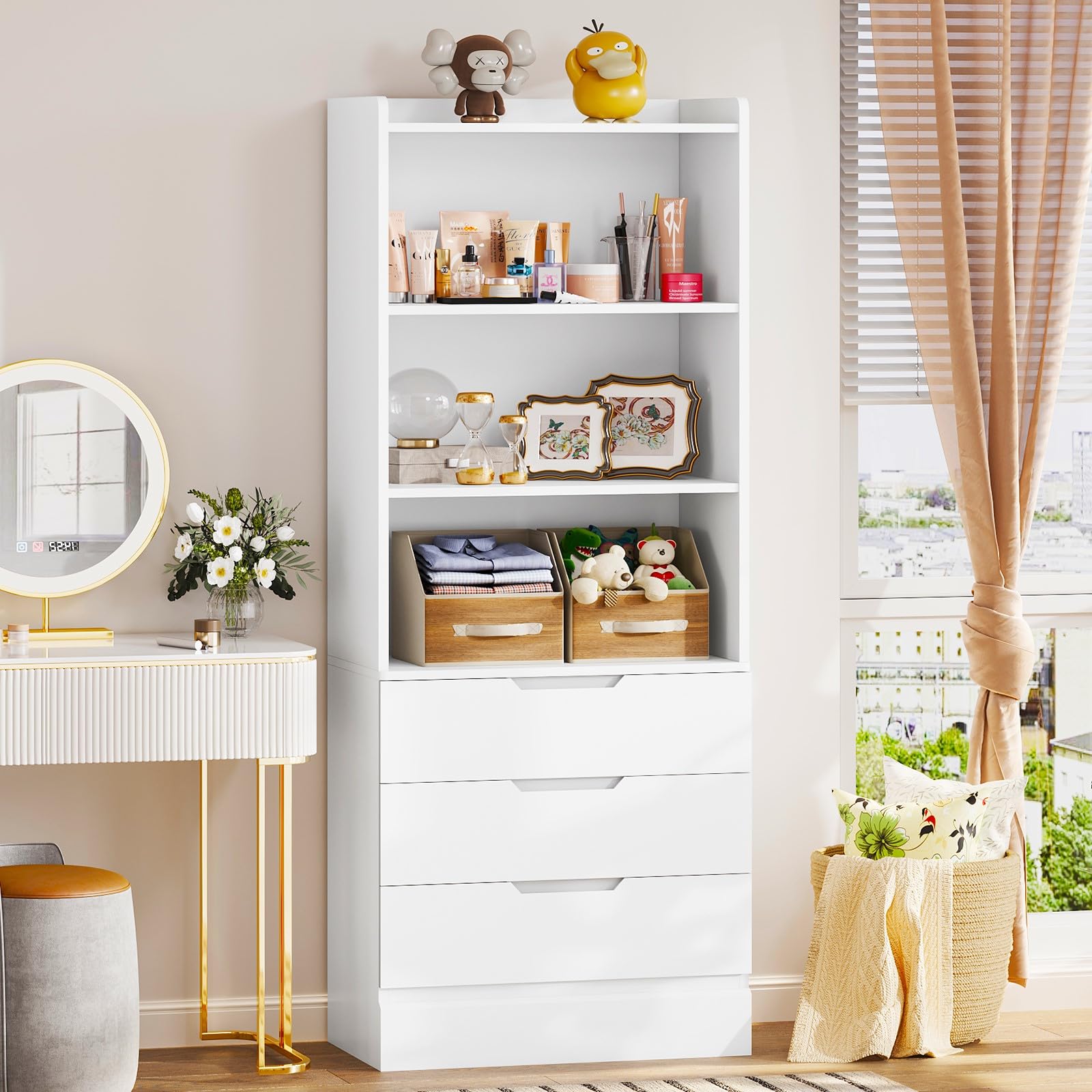 Hasuit Tall Bookshelf with Drawers Bookcase with 3 Drawers and 3-Tier Open Shelves Tall White Bookshelf with Anti-Tipping Kits Wood Bookshelf with Storage for Study Living Room Kitchen Bathroom, White