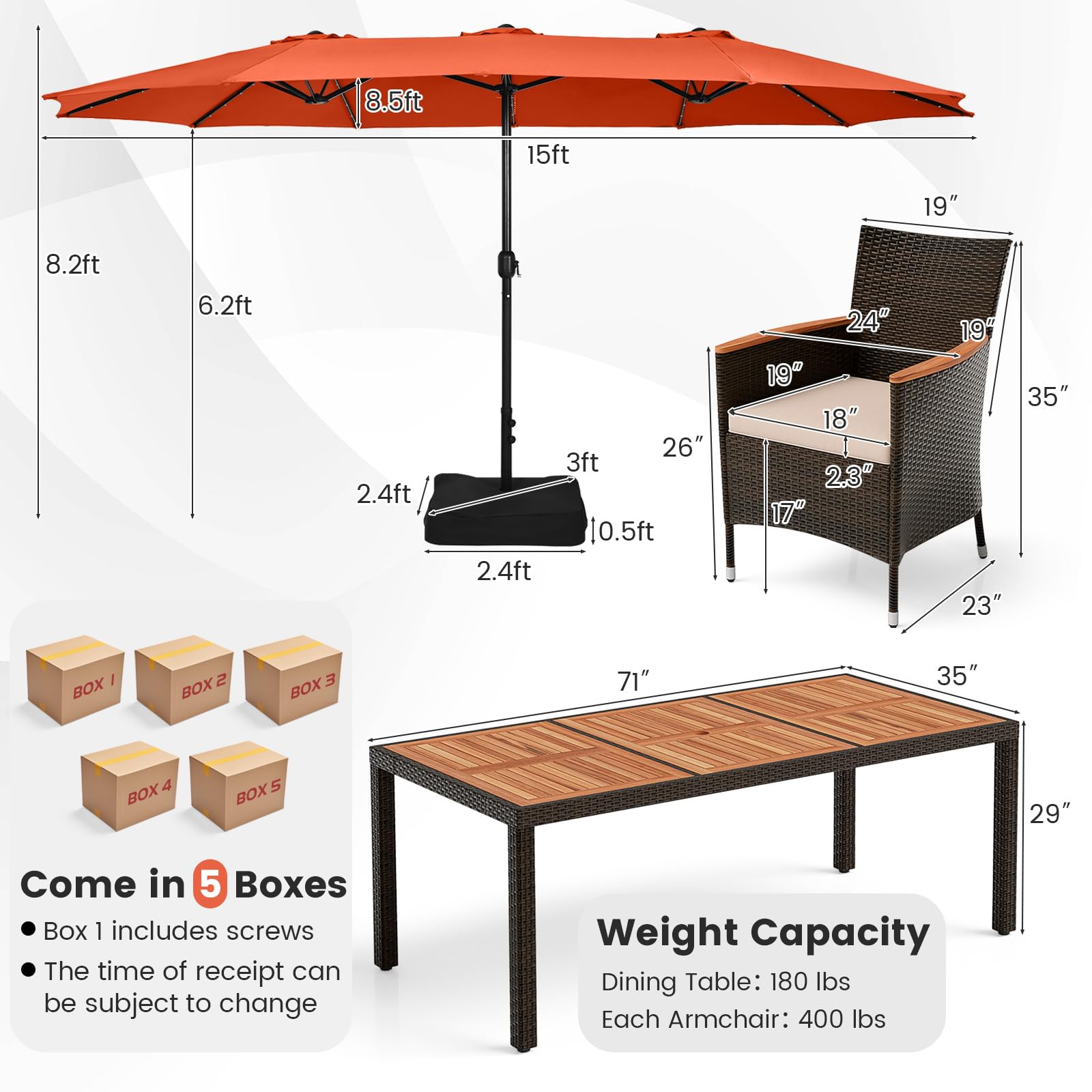 Tangkula 11 Pieces Patio Dining Set with 15ft Double-Sided LED Patio Umbrella (Base Included), Outdoor Rattan Furniture Set with 8 Stackable Chairs, Acacia Wood Dining Table and Umbrella (Orange)