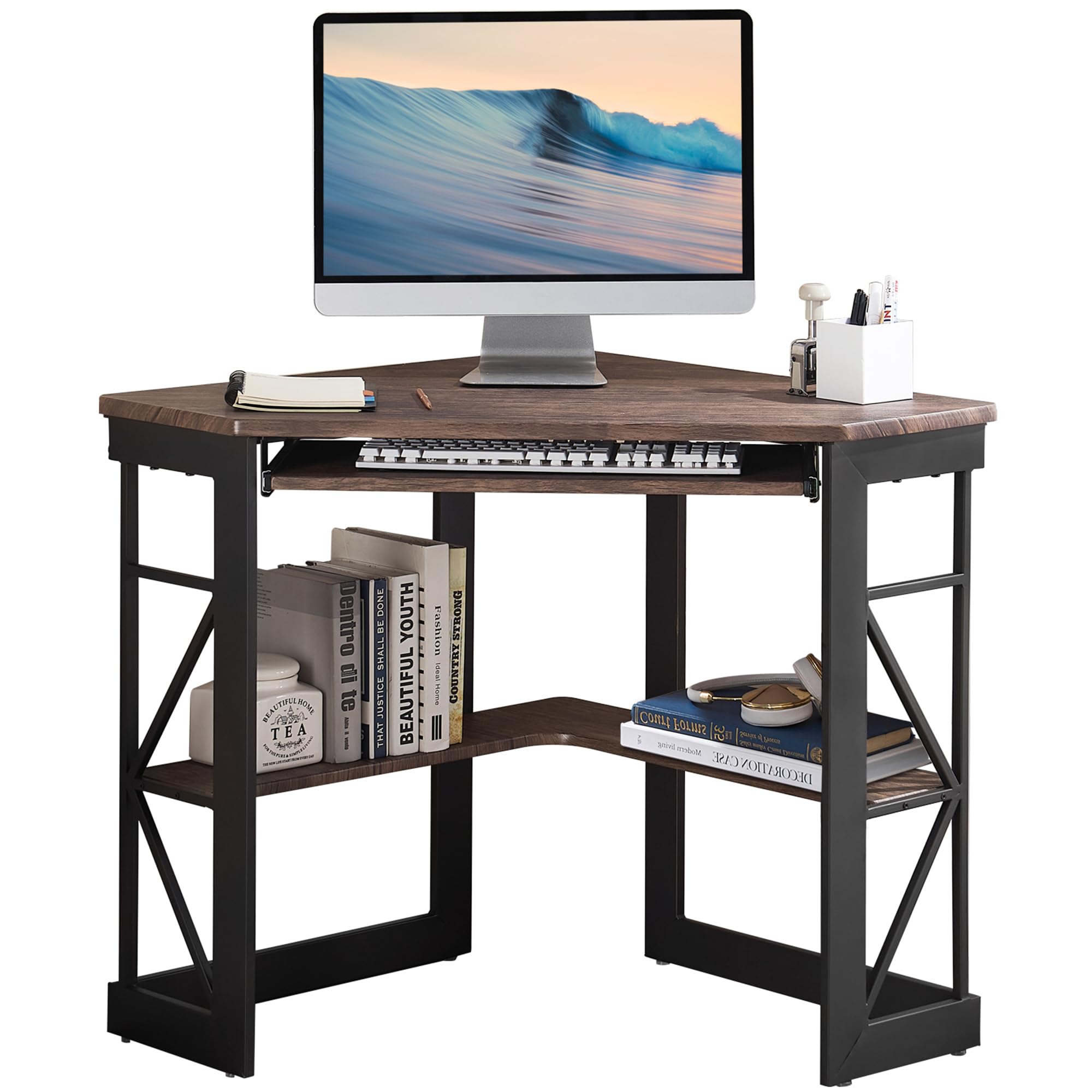 VECELO Corner Computer Desk 41 x 30 inches with Smooth Keyboard & Storage Shelves for Home Office Workstation,Rustic Brown