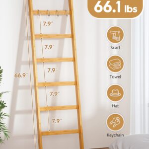 Cozivolife Blanket Ladder 6-Tier,Bamboo Towel Rack with 2 Anti-Tip Straps and 4 Hooks,Ladder Shelf Easy Assembly,Wall-Leaning Blanket Rack,Rustic Decorative Farmhouse Storage (Natural)