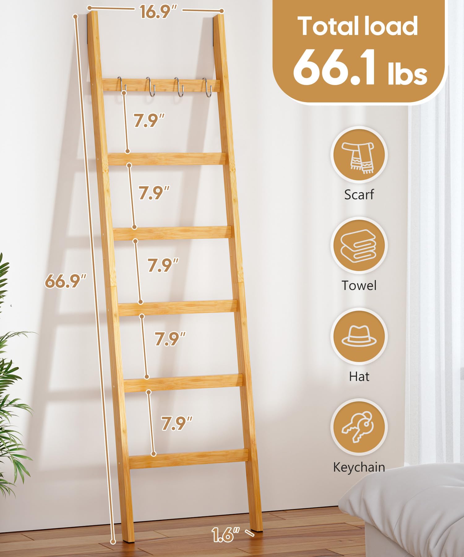 Cozivolife Blanket Ladder 6-Tier,Bamboo Towel Rack with 2 Anti-Tip Straps and 4 Hooks,Ladder Shelf Easy Assembly,Wall-Leaning Blanket Rack,Rustic Decorative Farmhouse Storage (Natural)