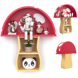 ybenlld floating wooden mushroom shelf, bathroom shelves,mushroom decor,wall shelves for nursery living room,bedroom,bathroom(red+wood)