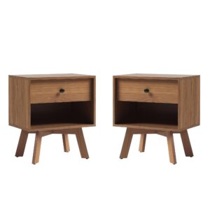 walker edison mid-century modern 1-drawer nightstand bedroom storage drawer and shelf bedside end table, 21 inch, set of 2, mocha