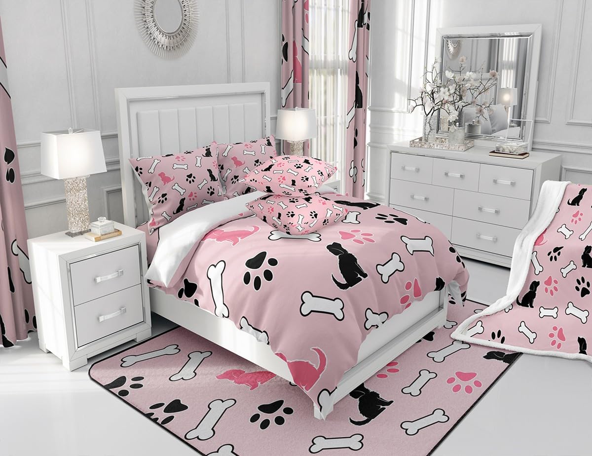 Castle Fairy Cute Dog Pattern Bedding Set,Pink Black White Comforter Cover Set for Teens Women Room Decor,Dog Paw Print Duvet Cover Breathable Kawaii Animals Bedspread Cover Full Size