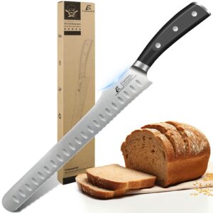 coquusaid bread knife for homemade bread, 10.6 inch multifunction serrated knife, razor sharp slicer, forged high carbon german steel, full tang ergonomic handle design for sourdough turkey fruit