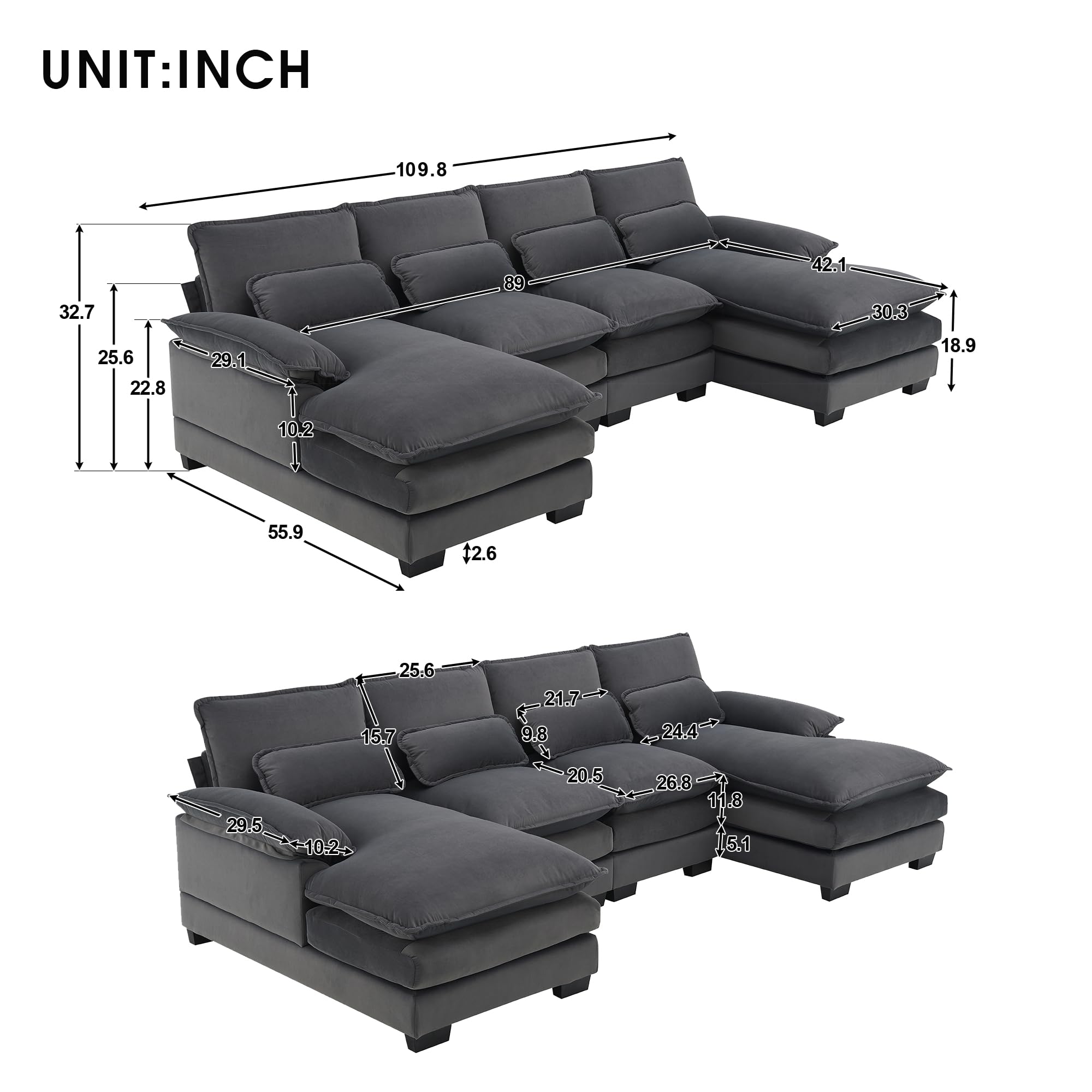 ODUWA Sectional Sofa Couch,110" Modern U-Shaped Sectional Sofa with Waist Pillows,6-Seat Upholstered Velvet Sofa Furniture,Sleeper Sofa Couch with Chaise Lounge for Living Room,Apartment