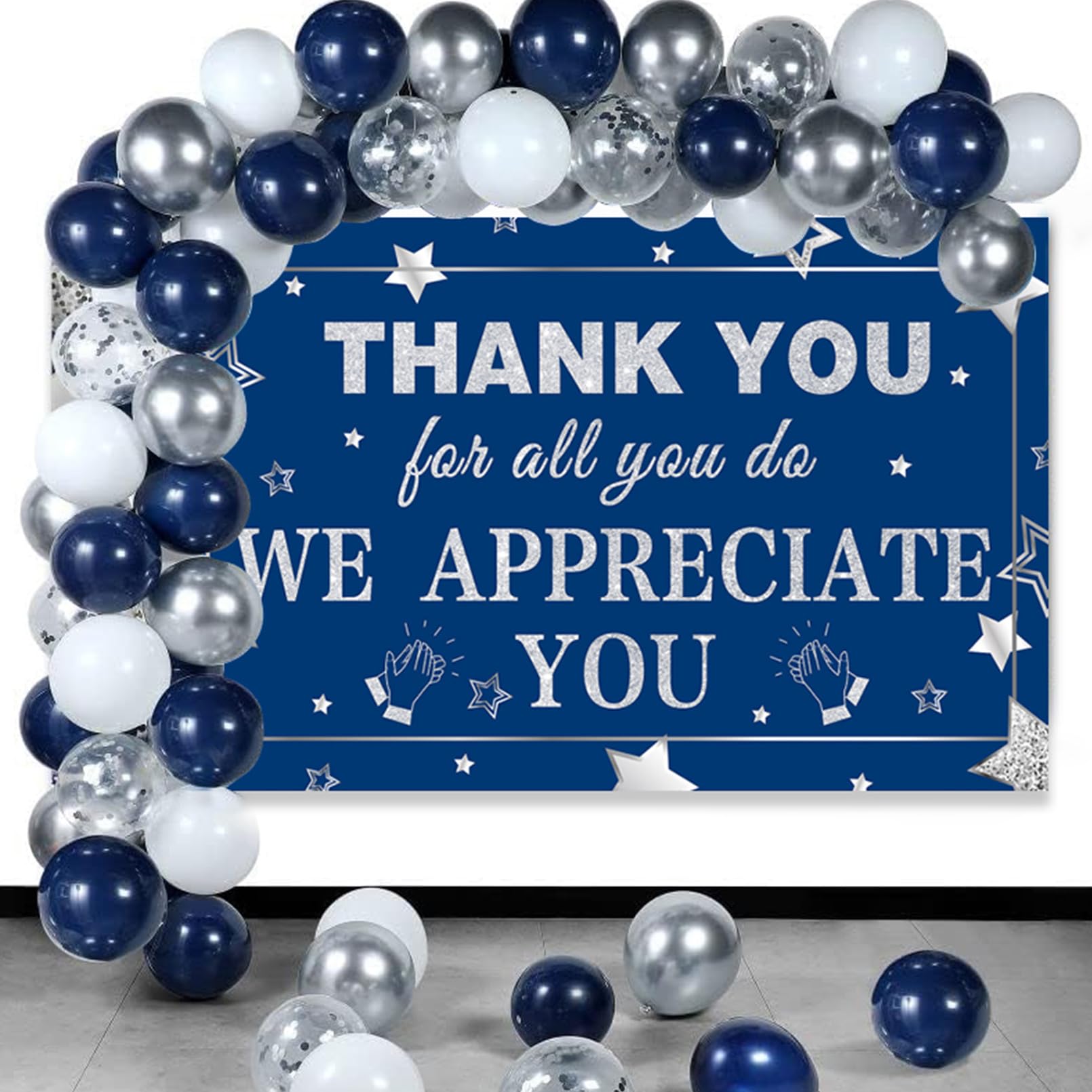 We Appreciate You Decorations Blue Silver Thank You Banner with Balloons Arch Kit We Appreciate You Backdrop for Employee Staff Teacher Doctors Nurse Poaster Volunteer Appreciation Week Party Decor