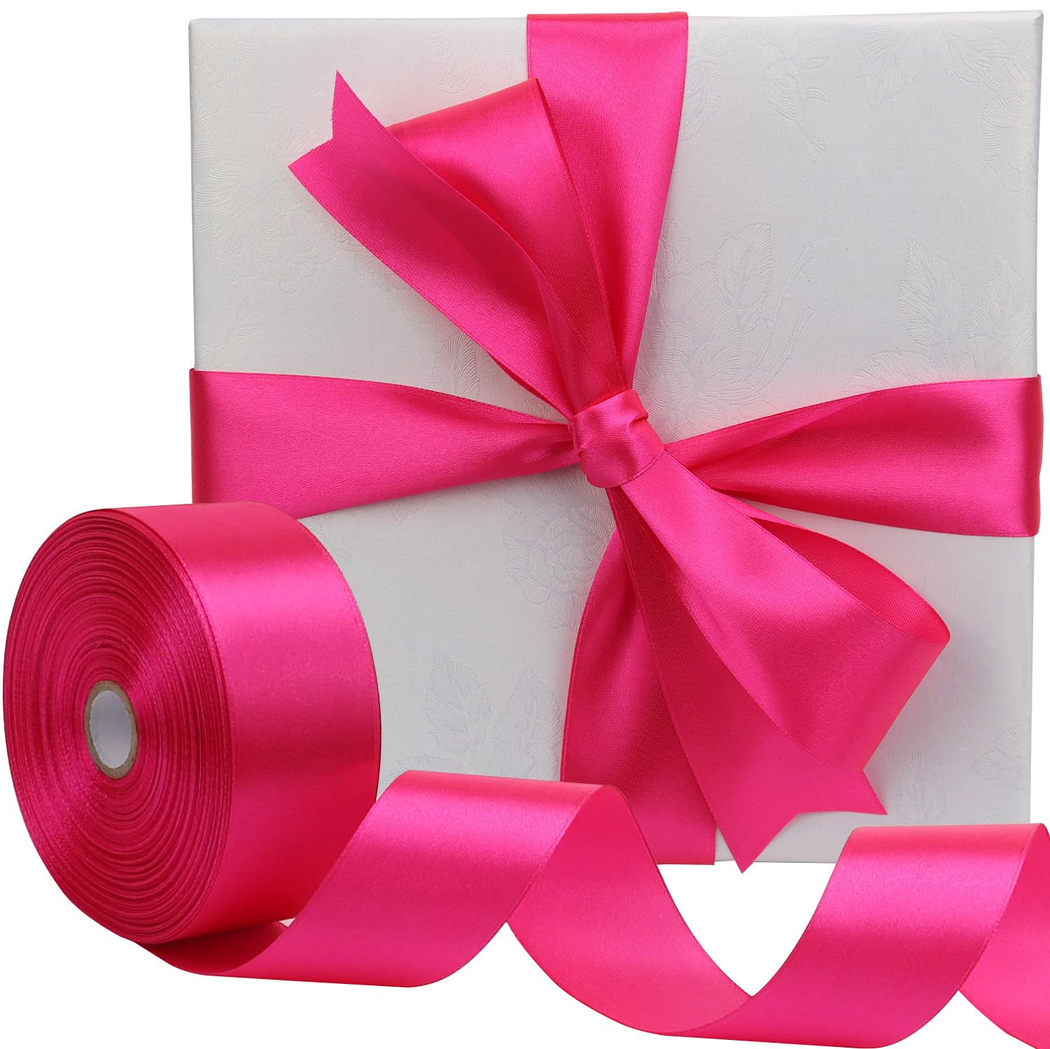 RIUNBB Hot Pink Solid Satin Ribbon 1-1/2 Inch 50 Yards Solid Polyester Fabric Ribbon for Gift Wrapping Wedding Christmas Baby Shower Birthday Party Decoration Handmade Immortal Flower Craft