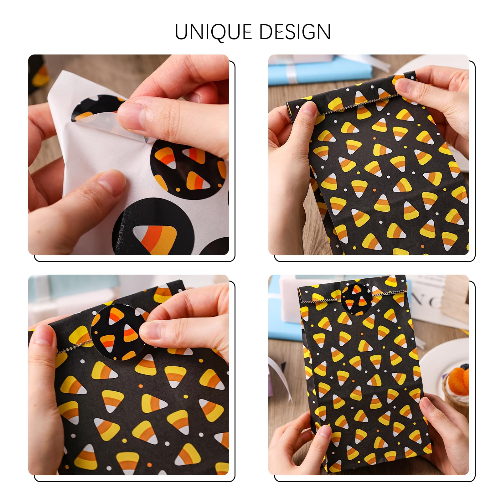 JOHOUSE 27PCS Party Favor Bags, Halloween Treat Bags with Stickers Candy Corn Goodie Bags Candy Treat Bags for Kids Halloween Parties