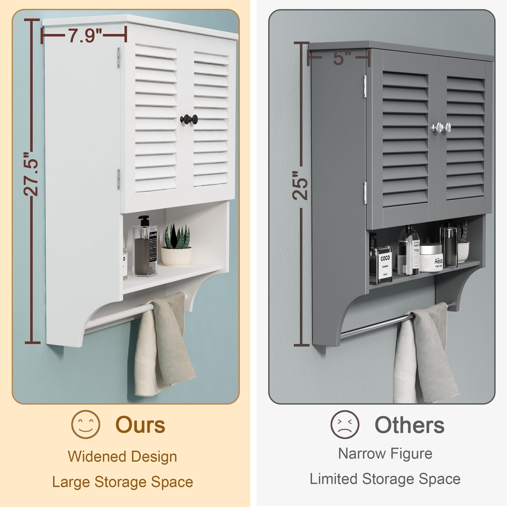 ChooChoo Medicine Cabinet with Towels Bar, 23.6" L x7.9 W x27.5 H MDF Material Bathroom Wall Cabinet, 2 Doors Over The Toilet Space Saver Storage Cabinet with Large Space, White