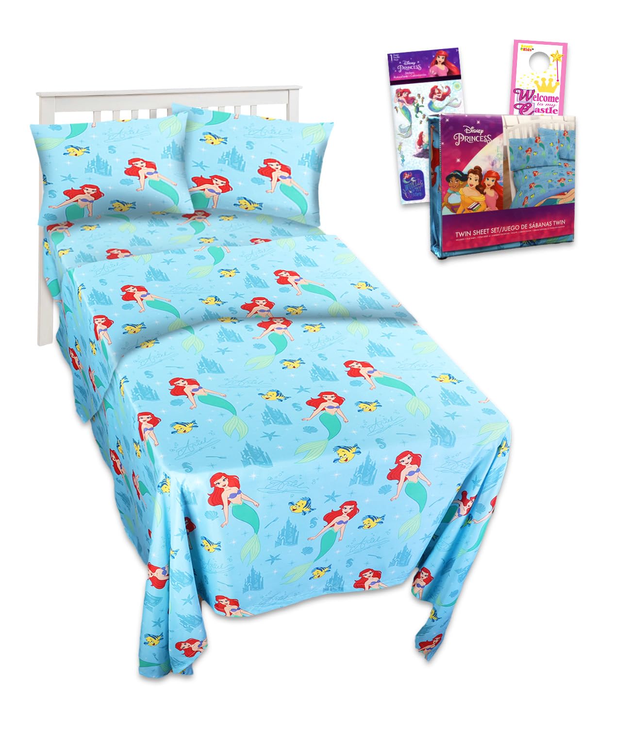 The Little Mermaid Twin Bedding Set for Toddlers - Bundle Includes Ariel Sheets with Flat Sheet, Fitted Sheet, and Pillowcase for Twin Bed Plus Stickers, More | Little Mermaid Bedroom Decor