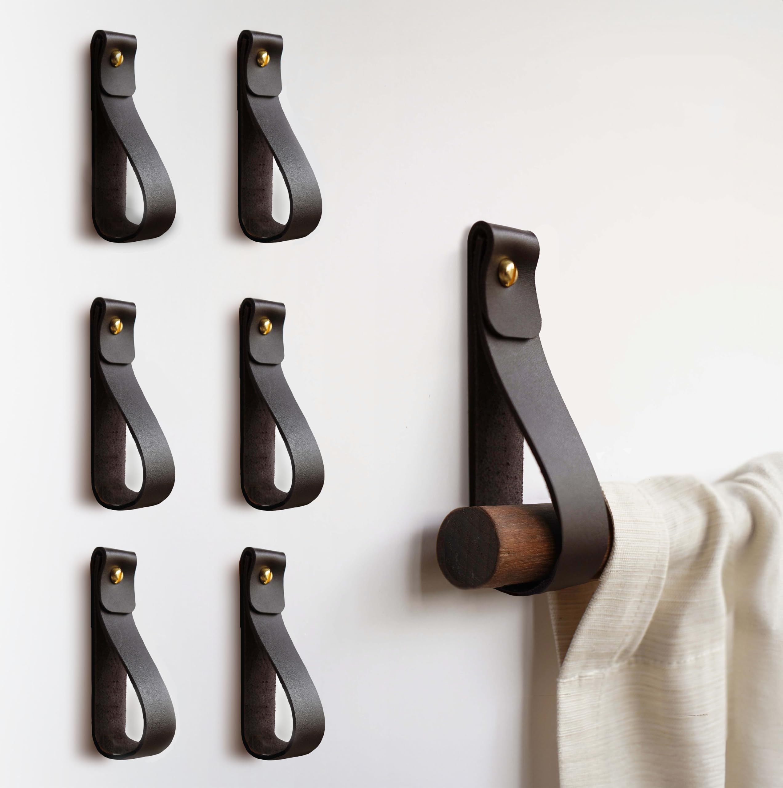 6PK Genuine Leather Sustainably Sourced by KEYAIIRA - The Original Wall Strap - Decorative Curtain rod holder bracket wall mount hanging display loop, oars, blankets, macrame (CHOCOLATE, BRASS SCREWS)