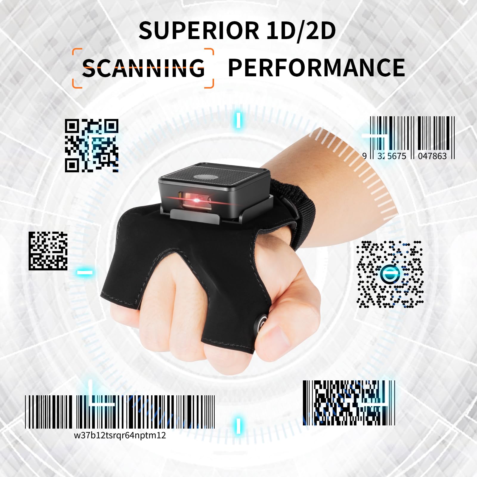 Posunitech Wearable Glove Barcode Scanner 1D 2D Finger Trigger 2.4G Wireless Barcode Reader TG01 Bluetooth Scanner Fast Scanning Comfortable Compatible with iPhone, Android, Tablet, Computer & iPad