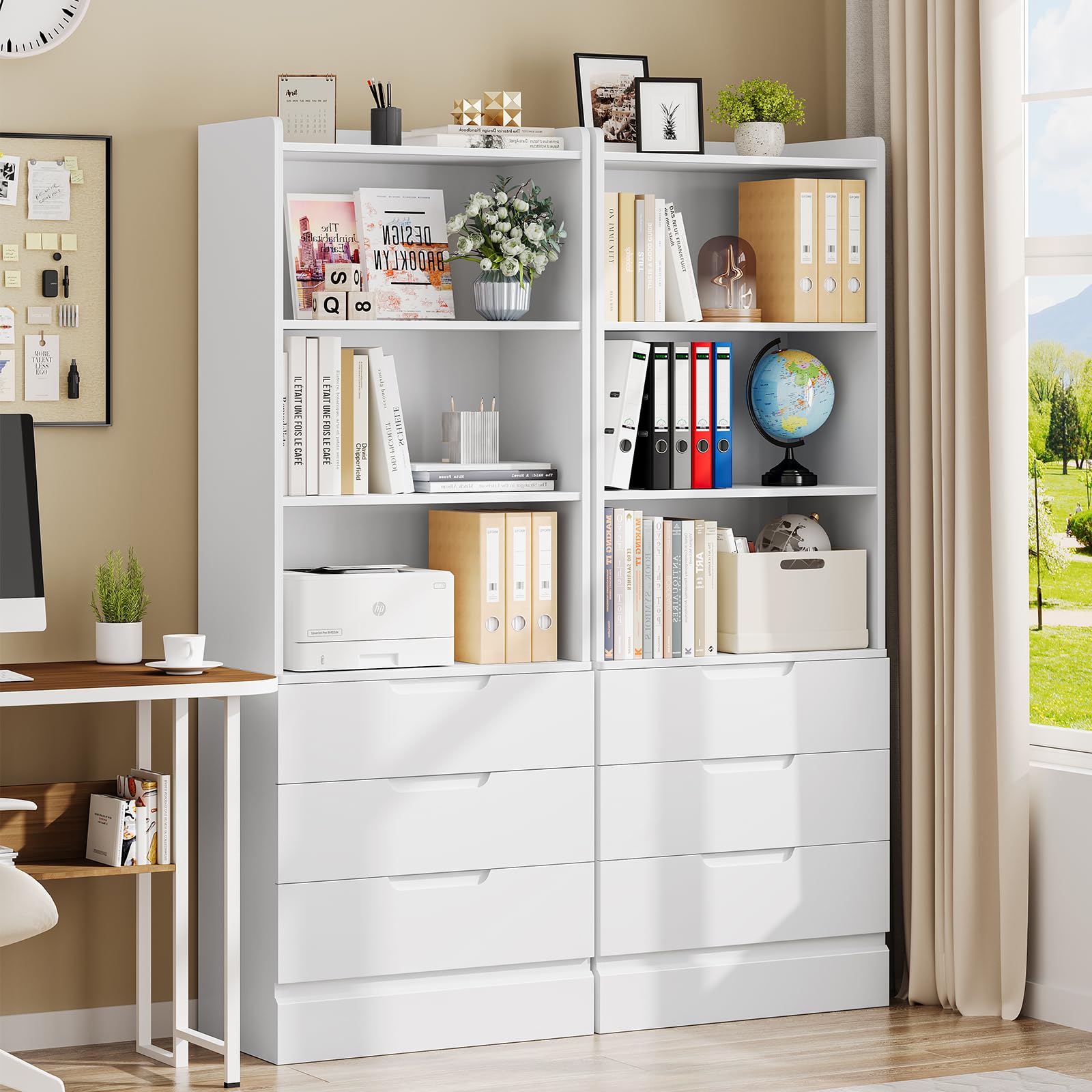 Hasuit Tall Bookshelf with Drawers Bookcase with 3 Drawers and 3-Tier Open Shelves Tall White Bookshelf with Anti-Tipping Kits Wood Bookshelf with Storage for Study Living Room Kitchen Bathroom, White