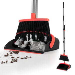 Broom and Dustpan Set,55-in Long Adjustable Handle Broom with Dustpan Combo for Sweeping Home Office Kitchen Lobby Floor Pet Hair Indoor&Outdoor Cleaning (Black and Red)