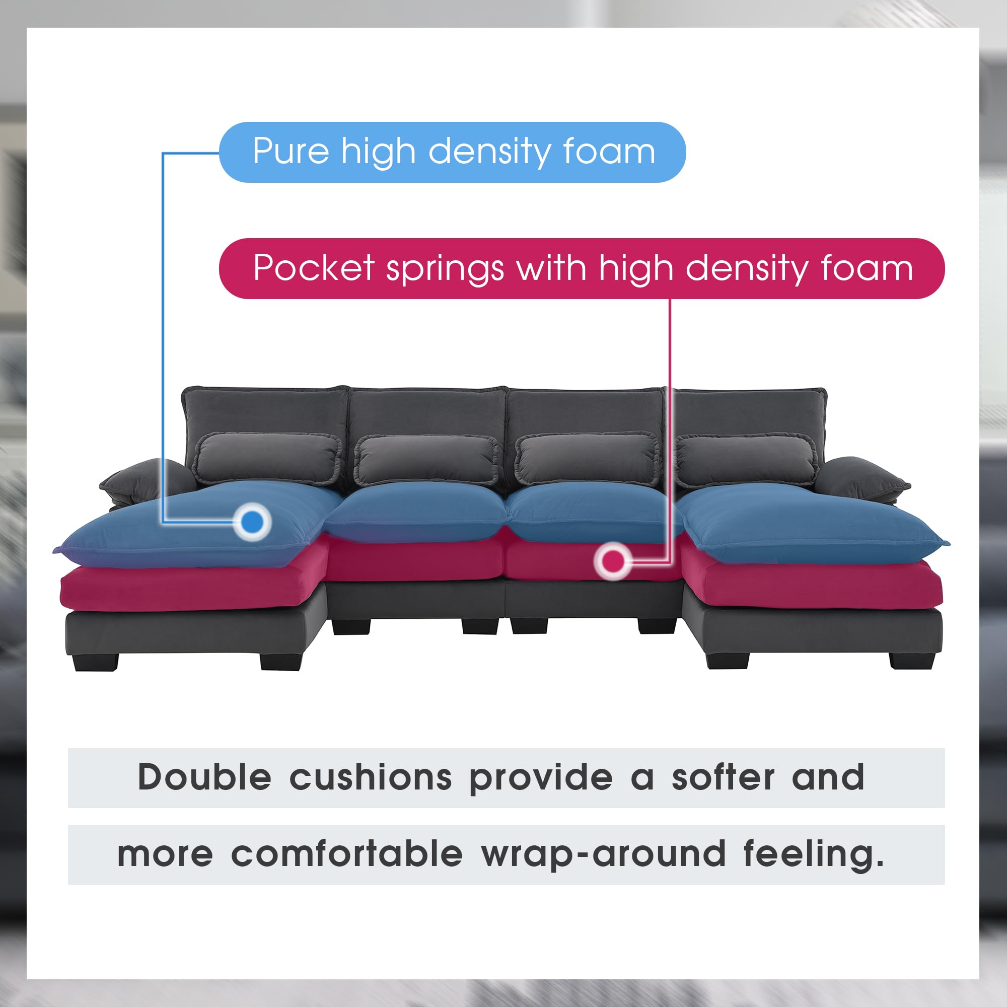 ODUWA Sectional Sofa Couch,110" Modern U-Shaped Sectional Sofa with Waist Pillows,6-Seat Upholstered Velvet Sofa Furniture,Sleeper Sofa Couch with Chaise Lounge for Living Room,Apartment