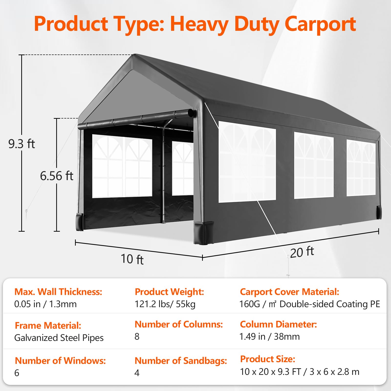 10 * 20 Heavy Duty Carport Canopy, PioneerWorks Portable Car Tent Garage with 6 Roll-up Windows and All-Season Tarp Cover, Metal Roof & 4 Sandbags for Car, SUV, Truck & Boat, Grey