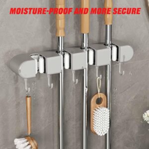 Punch Free Multifunctional Mop Holder for Wall, Multifunctional Mop Holder With Hook, Broom Mop Holder Garden Tool Organizers Storage Rack, Heavy Duty Self Adhesive Mop Holder Wall Mounted (White D)