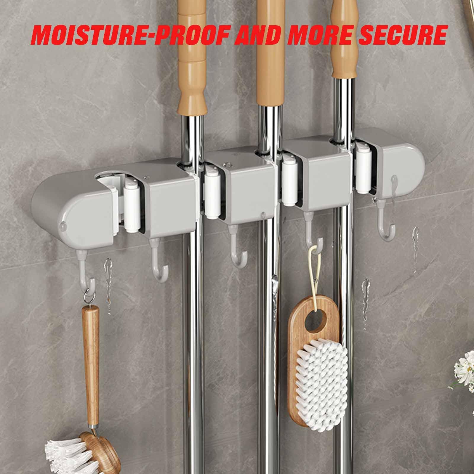 Punch Free Multifunctional Mop Holder for Wall, Multifunctional Mop Holder With Hook, Broom Mop Holder Garden Tool Organizers Storage Rack, Heavy Duty Self Adhesive Mop Holder Wall Mounted (White D)