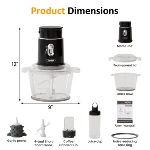 Sunvivi Electric Food Chopper, 4 in 1 Small Food Processor for Grinding Meat, Peeling Garlic & Juicing, 2 Speed Blender and Food Grinder Combo with 1.5L Glass Bowl & 2 Cups (0.4L+0.2L), Black