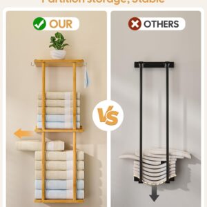 Cozivolife Towel Rack Bamboo for Bathroom, 3 Tier 32.7 inch with 2 Hooks and Shelf Wall Mounted Towel Storage Organizer Shelf, Large Capacity Towel Holder (Natural)