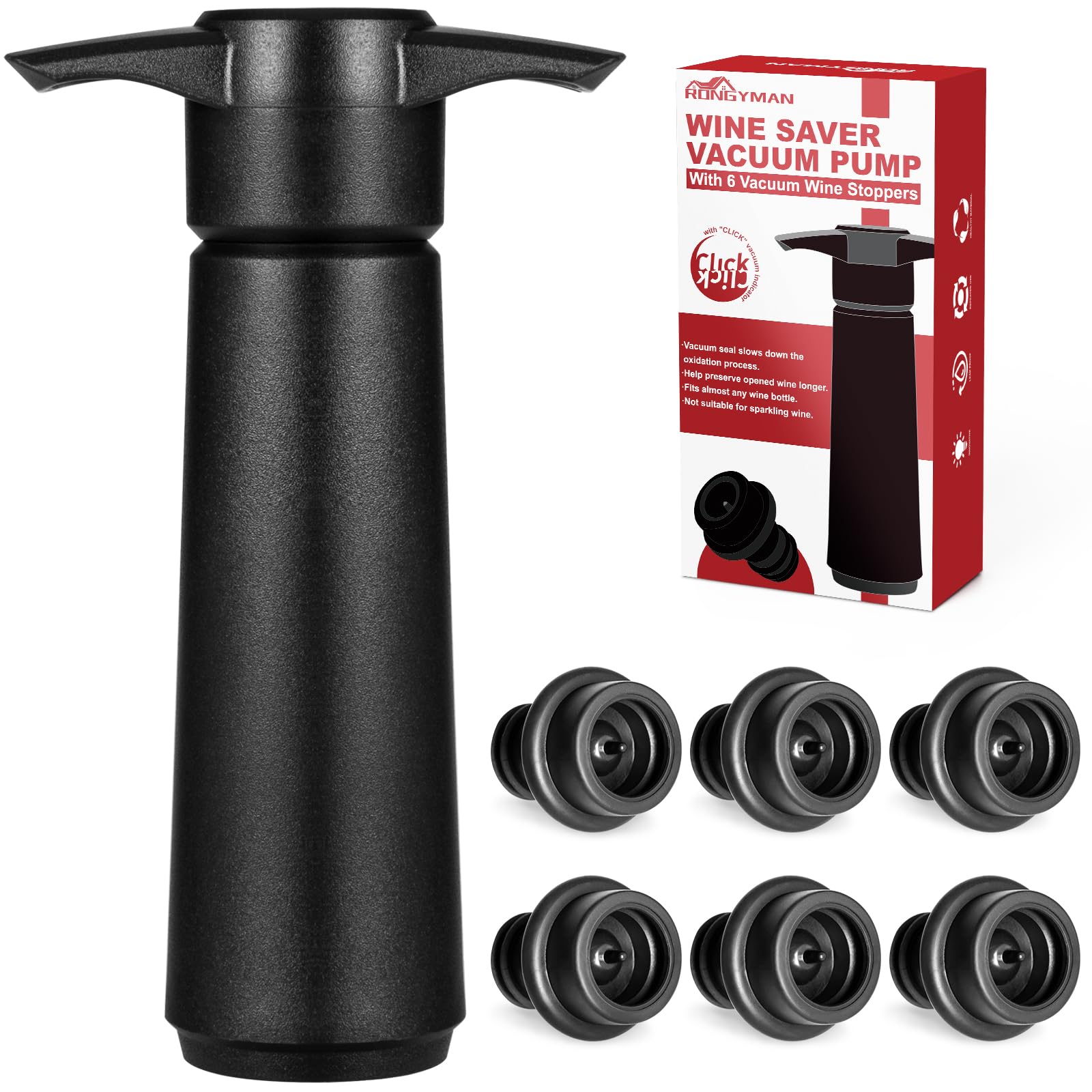 Wine Saver Vacuum Pump with 6 Wine Stoppers, Wine Preserver Keep Wine Fresher for Longer, Reusable Food Grade Silicone Wine Stopper Leak Proof, Wine Corks Fit Almost Any Wine Bottles