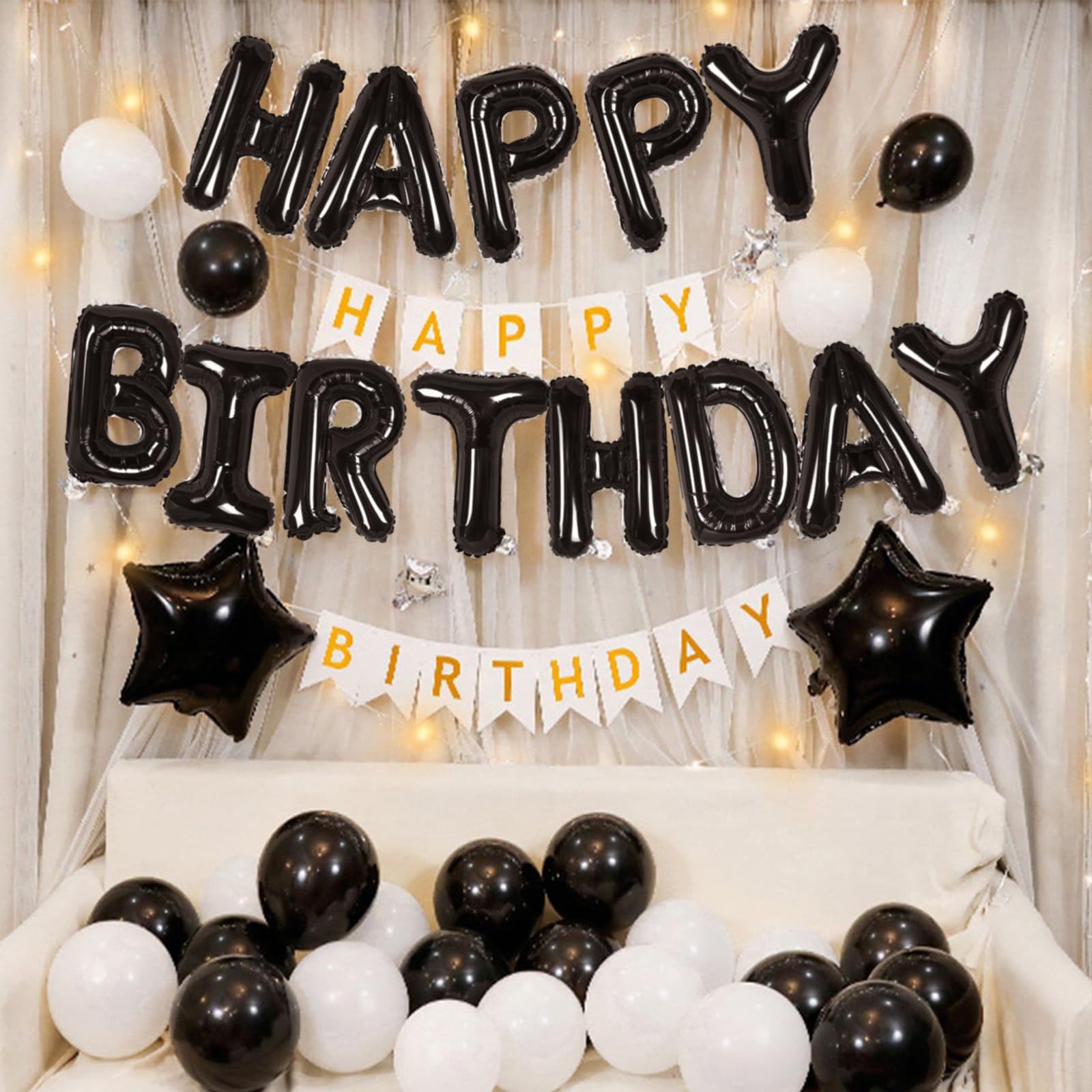 CANREVEL Happy Birthday Banner 13pcs 16 Inch Mylar Foil Letters Sign Balloons with LED Lights Birthday Party Decorations for Kids and Adults - 3D Black