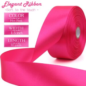 RIUNBB Hot Pink Solid Satin Ribbon 1-1/2 Inch 50 Yards Solid Polyester Fabric Ribbon for Gift Wrapping Wedding Christmas Baby Shower Birthday Party Decoration Handmade Immortal Flower Craft