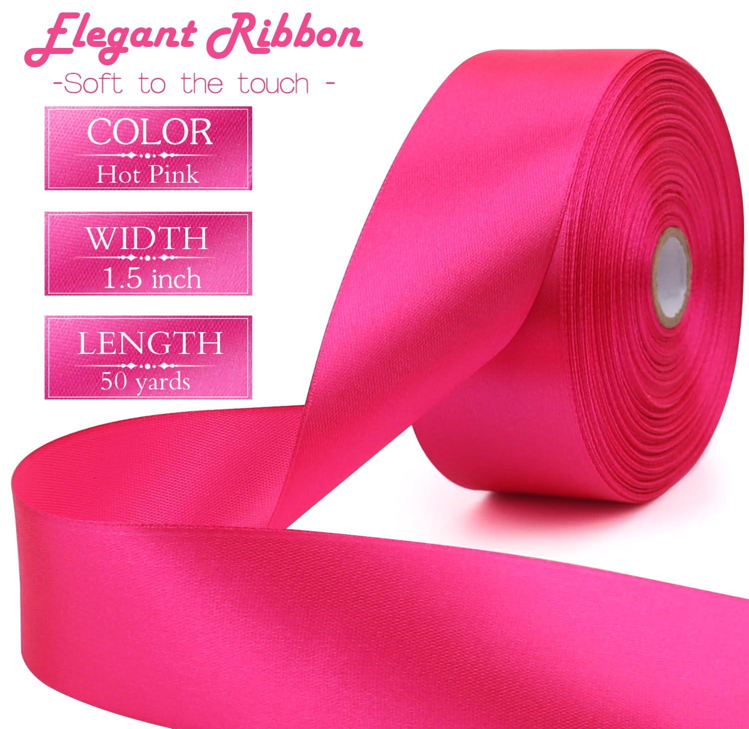 RIUNBB Hot Pink Solid Satin Ribbon 1-1/2 Inch 50 Yards Solid Polyester Fabric Ribbon for Gift Wrapping Wedding Christmas Baby Shower Birthday Party Decoration Handmade Immortal Flower Craft