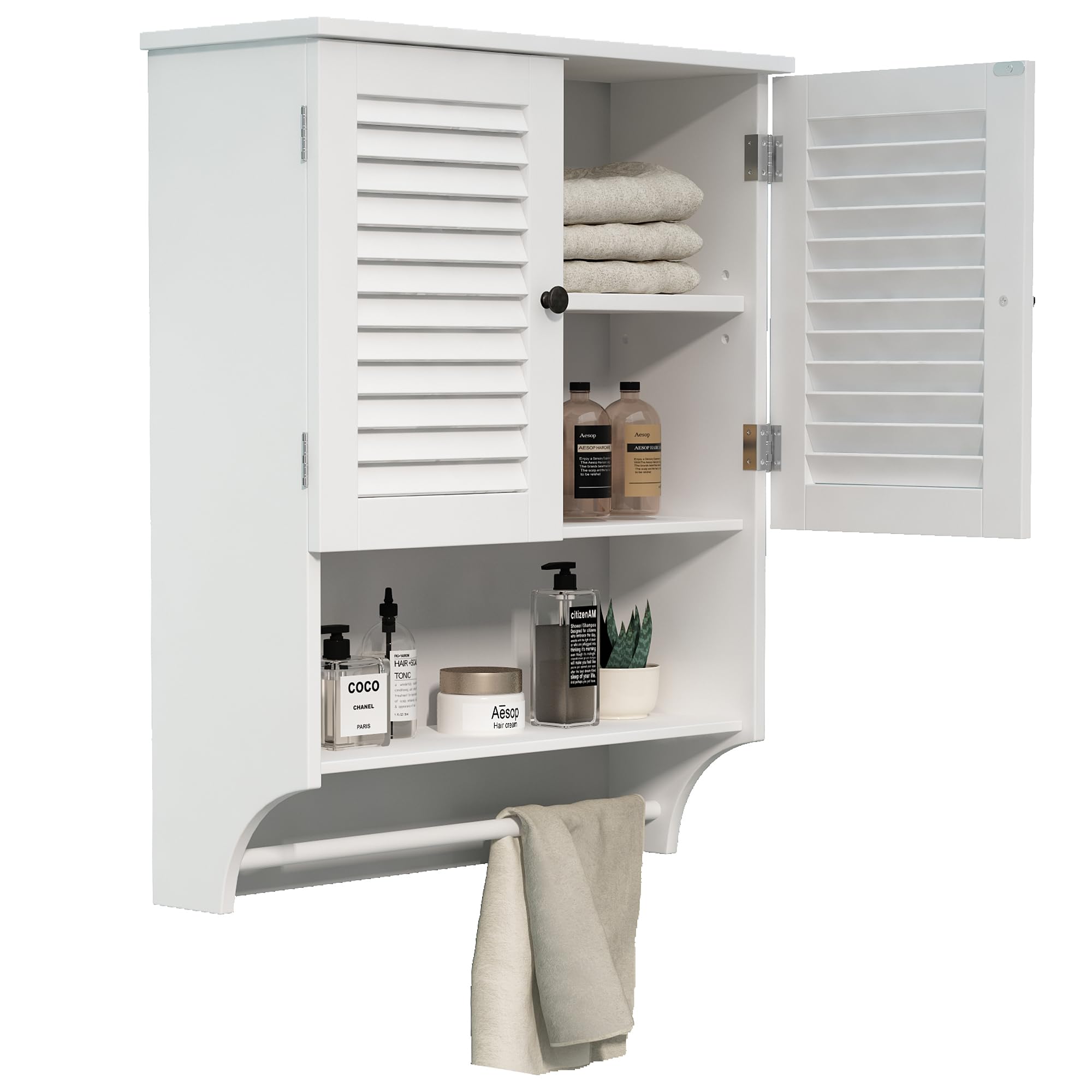 ChooChoo Medicine Cabinet with Towels Bar, 23.6" L x7.9 W x27.5 H MDF Material Bathroom Wall Cabinet, 2 Doors Over The Toilet Space Saver Storage Cabinet with Large Space, White